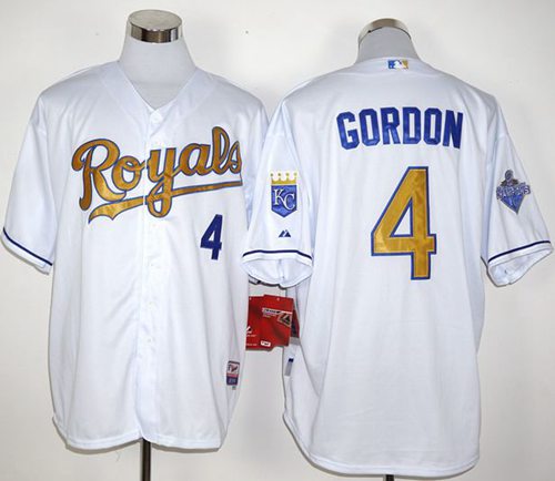 Royals #4 Alex Gordon White 2015 World Series Champions Gold Program Stitched MLB Jersey - Click Image to Close